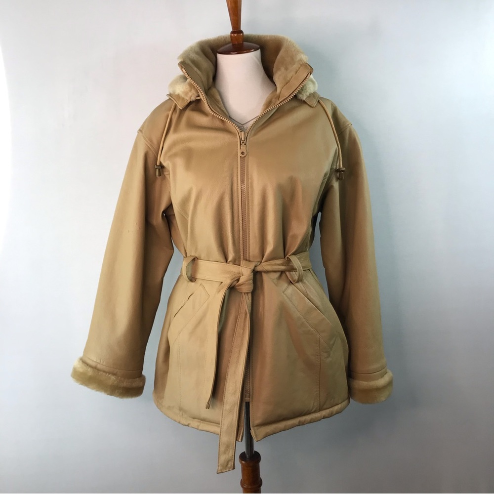 Wilda NYC USA Camel Leather Faux Fur Lined Belted Jacket